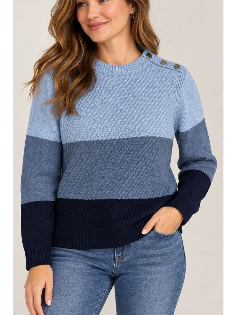Talbots Women's L Colorblock Knit Sweater Blue Crew Neck Button Shoulder